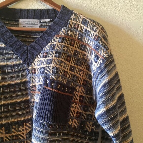 VTG Northern Isles Hand Embroidered Knit Sweater Stripes Patchwork Pocket XL - Picture 2 of 7
